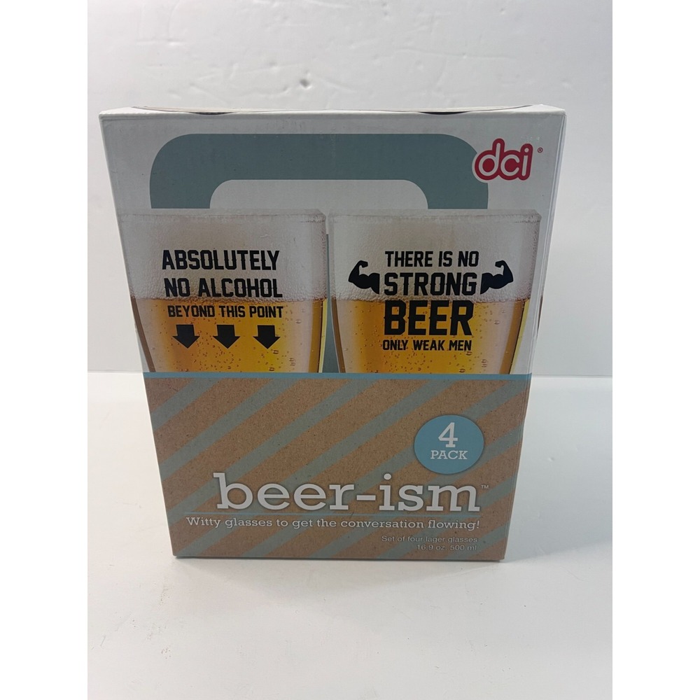 DCI Beer-ism Witty Lager Glass Set 4 Pack 16.9oz Novelty Barware Gift